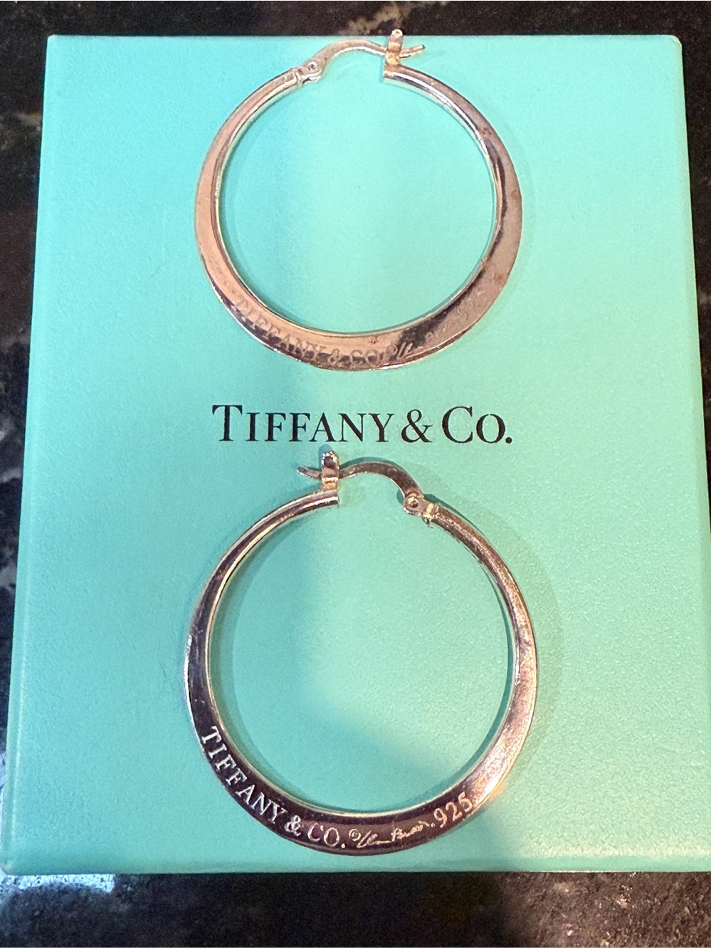 Tiffany & Co. Silver Hoop “ Elsa Peretti “ Earrings on Signature Blue Box